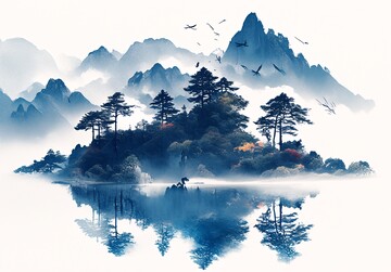 松影云湖松树云雾湖泊