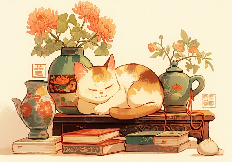 高清大图下载【趣麦麦图】猫睡桌上的茶香