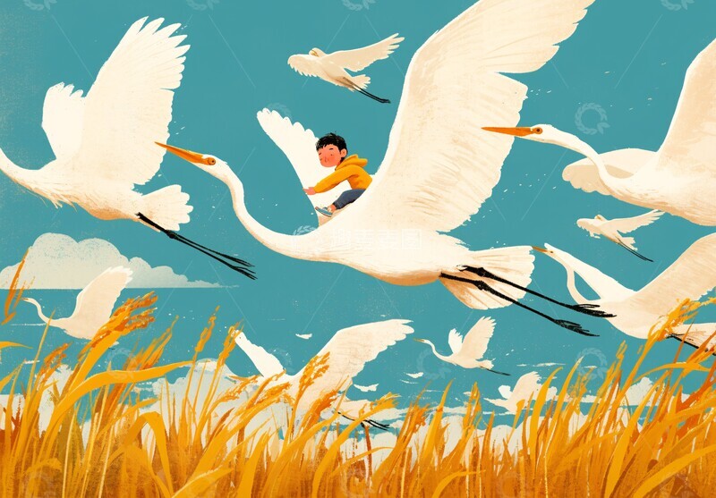 高清大图下载【趣麦麦图】男孩与鹭鸟飞翔