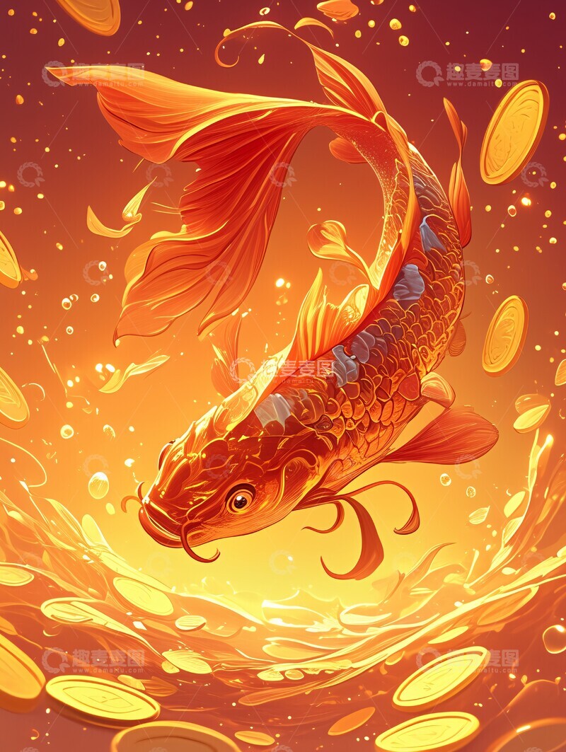 高清大图下载【趣麦麦图】红鲤鱼飞舞金币
