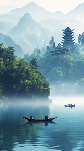 湖中古建小船湖泊山峦2