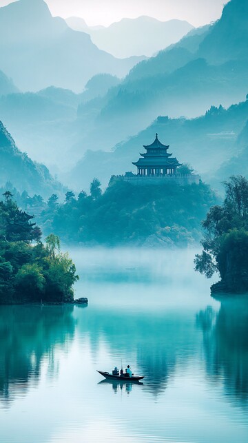 湖中古建小船湖泊山峦