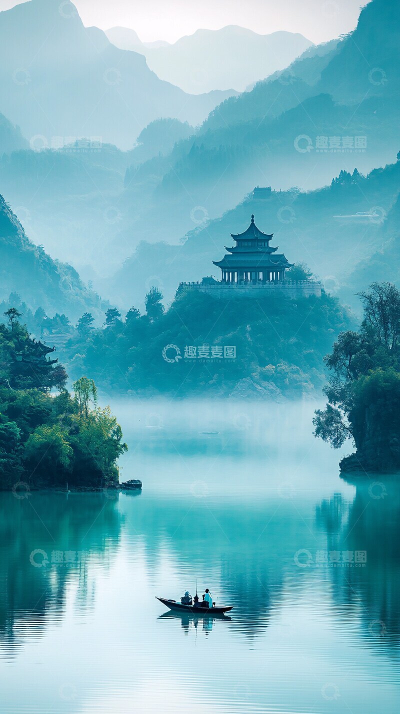 高清大图下载【趣麦麦图】湖中古建小船湖泊山峦