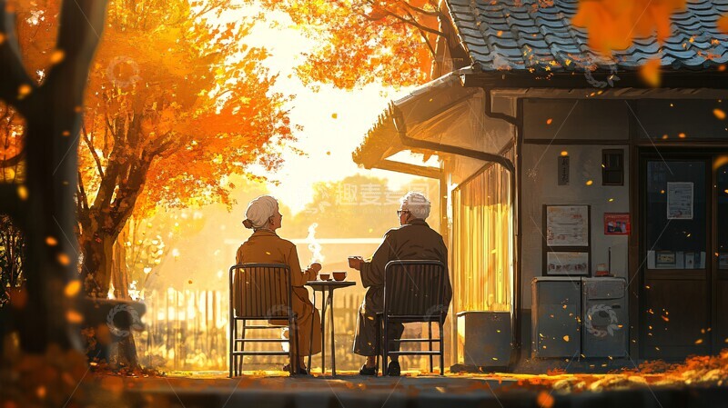 高清大图下载【趣麦麦图】秋日茶话秋日老夫妻椅子