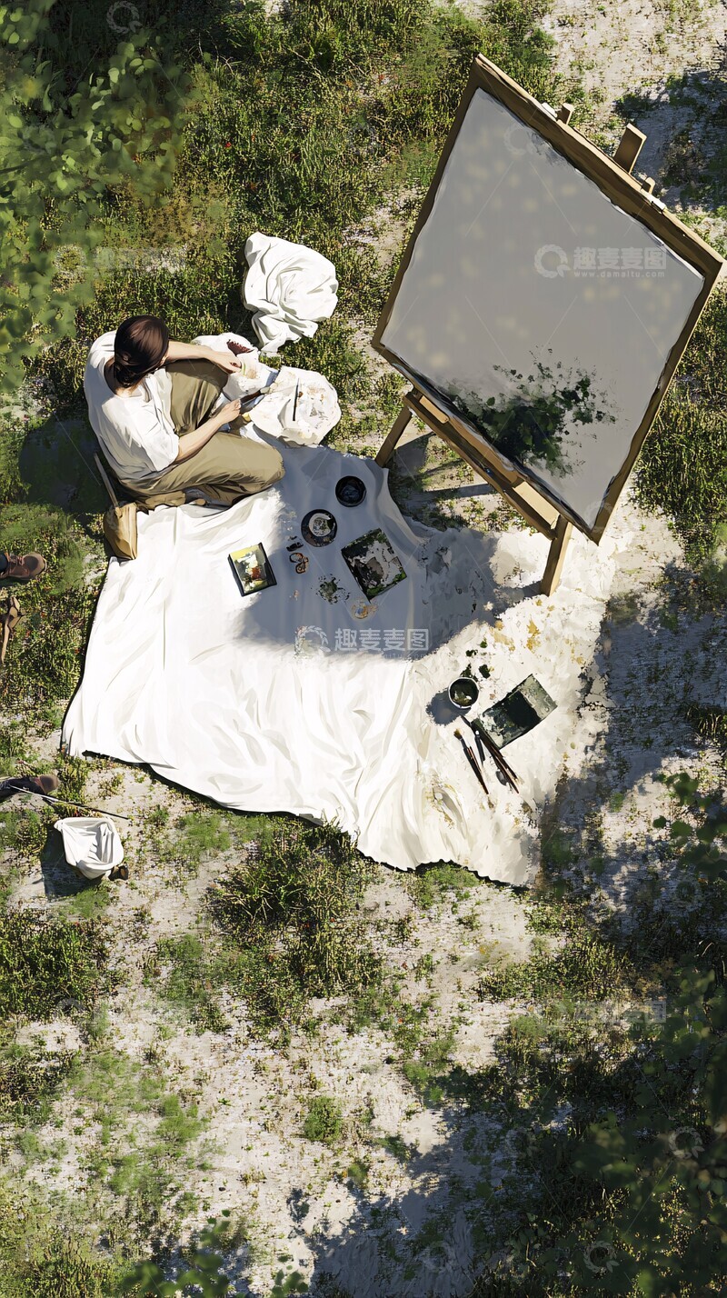 高清大图下载【趣麦麦图】画家画布模特草地1