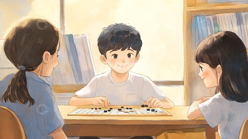 高清大图下载【趣麦麦图】男孩女孩玩围棋