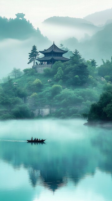 湖中古建小船湖泊山峦1