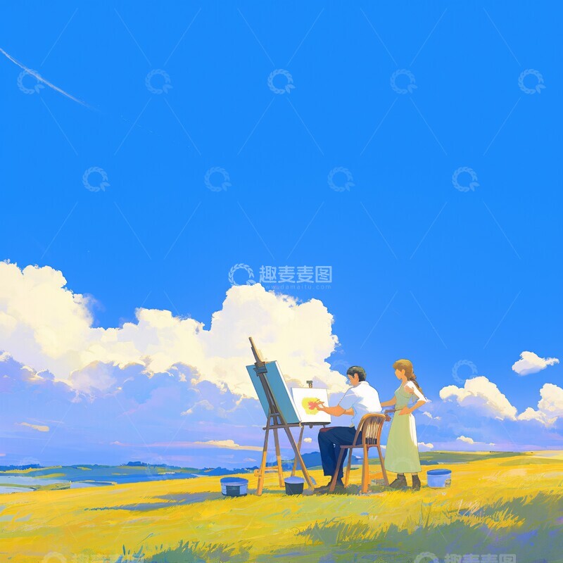 高清大图下载【趣麦麦图】绘画草坪二人1