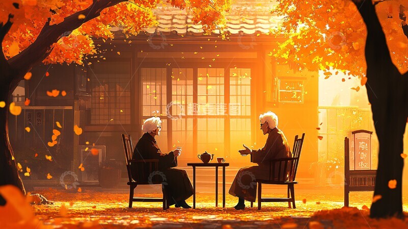 高清大图下载【趣麦麦图】秋日茶话秋日老夫妻椅子1