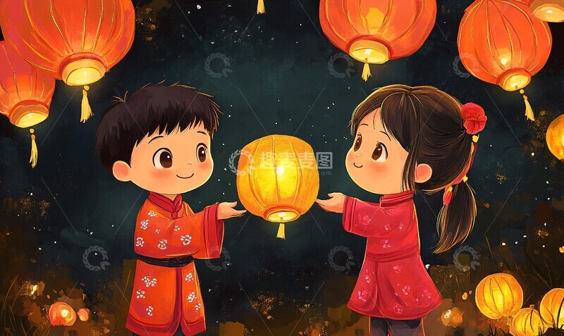 高清大图下载【趣麦麦图】儿童观灯儿童节日灯笼