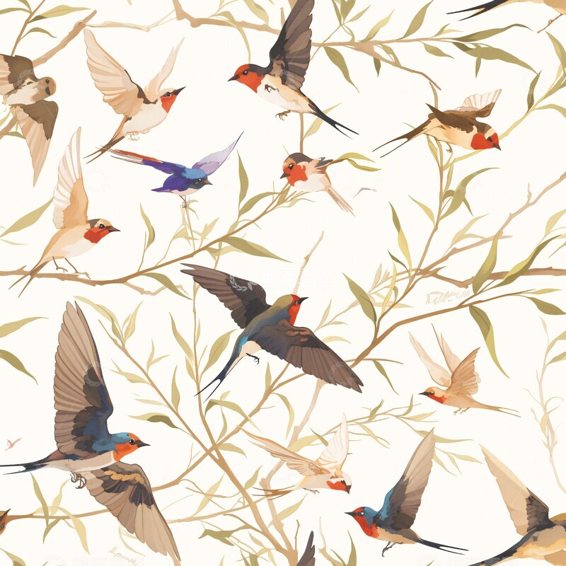 高清大图下载【趣麦麦图】柳枝燕子简绘