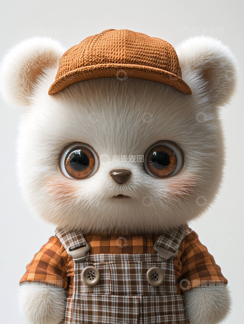 高清大图下载【趣麦麦图】白色熊穿棕色帽子和背带裤2