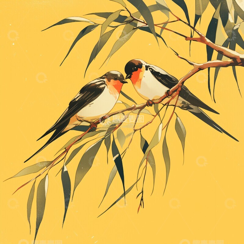 高清大图下载【趣麦麦图】柳枝燕子简绘2