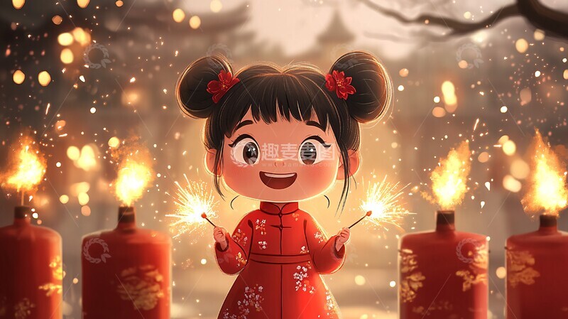 高清大图下载【趣麦麦图】新年女孩放鞭炮1