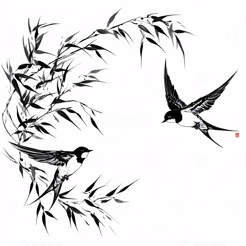 高清大图下载【趣麦麦图】柳枝燕子简绘1