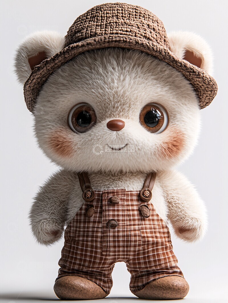 高清大图下载【趣麦麦图】白色熊穿棕色帽子和背带裤
