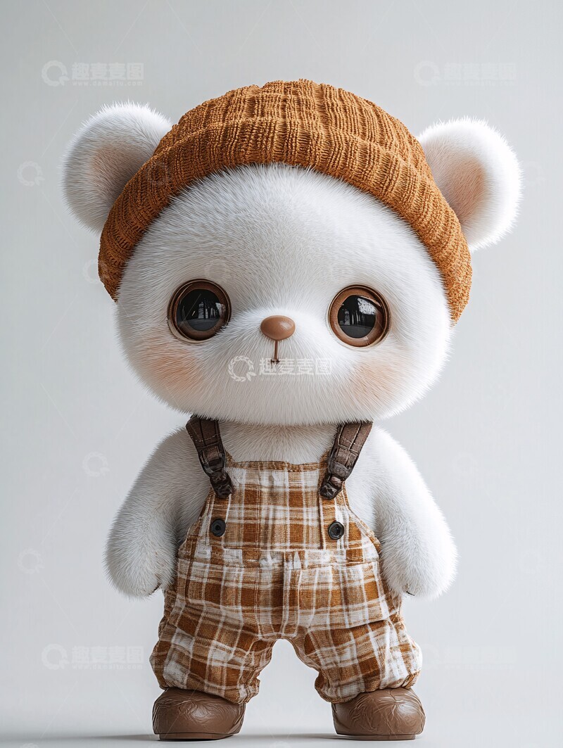 高清大图下载【趣麦麦图】白色熊穿棕色帽子和背带裤3