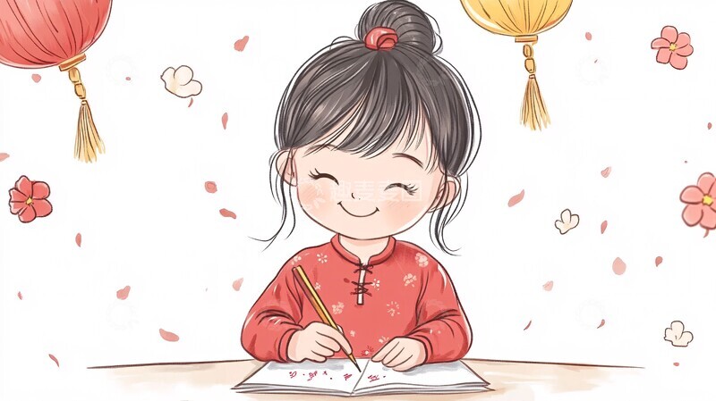 高清大图下载【趣麦麦图】小女手绘春联迎新年1