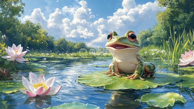 高清大图下载【趣麦麦图】青蛙唱歌在莲叶