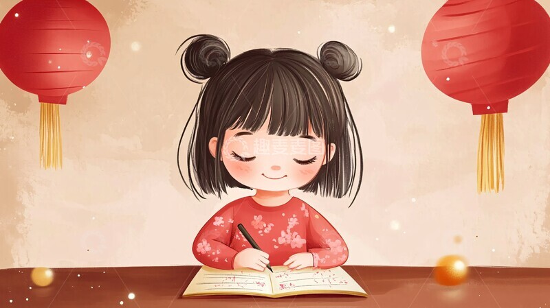 高清大图下载【趣麦麦图】小女手绘春联迎新年