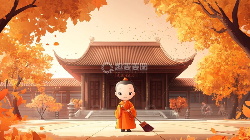 高清大图下载【趣麦麦图】小和尚扫寺庙1