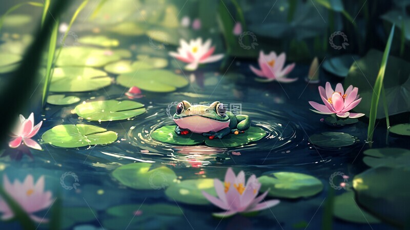 高清大图下载【趣麦麦图】青蛙睡莲池塘1