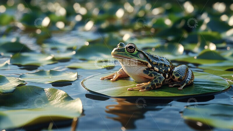高清大图下载【趣麦麦图】湖中青蛙青蛙莲叶水面1