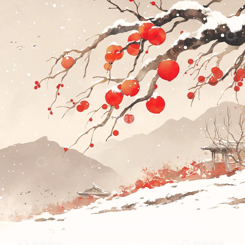 高清大图下载【趣麦麦图】柿子树雪景图