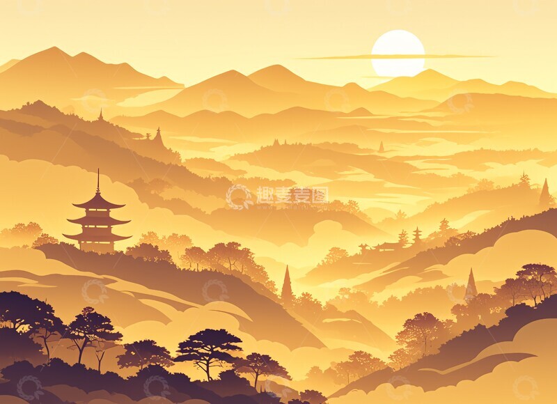 高清大图下载【趣麦麦图】山水夕阳金光图1