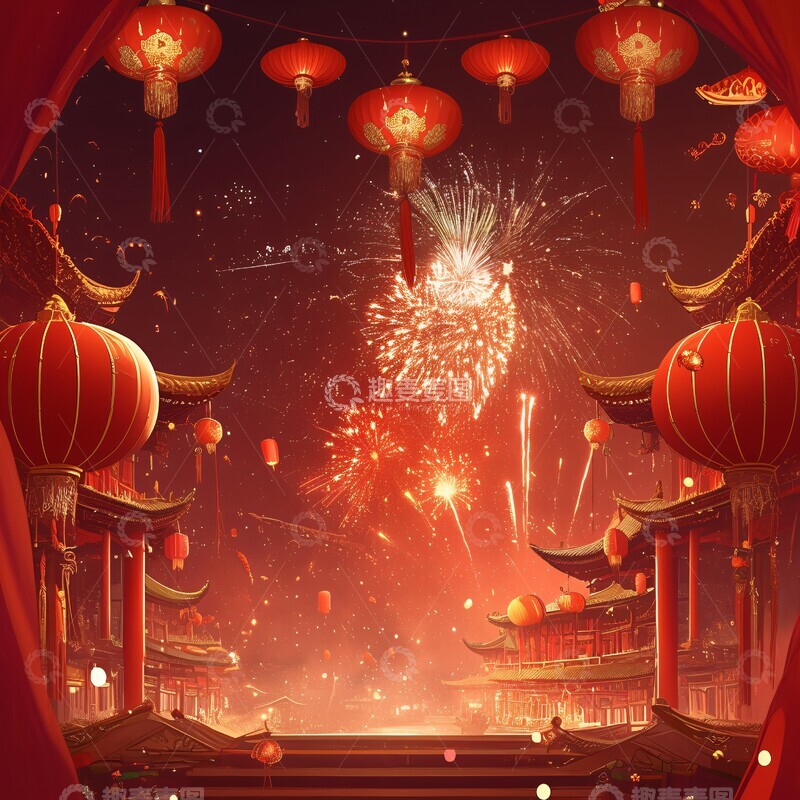 高清大图下载【趣麦麦图】红背景烟花灯笼1