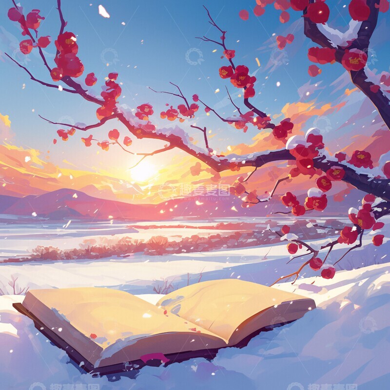 高清大图下载【趣麦麦图】雪中红梅映夕阳