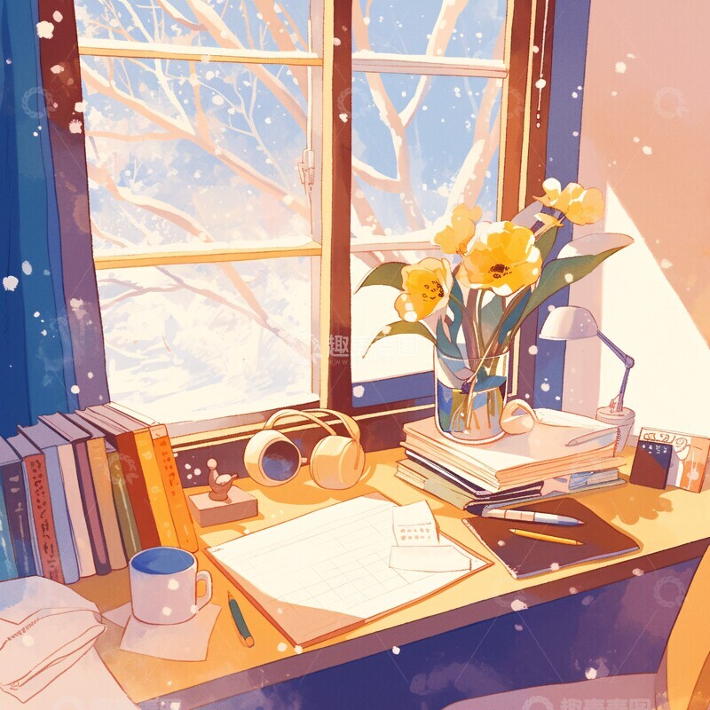 高清大图下载【趣麦麦图】窗边书桌上的静物1