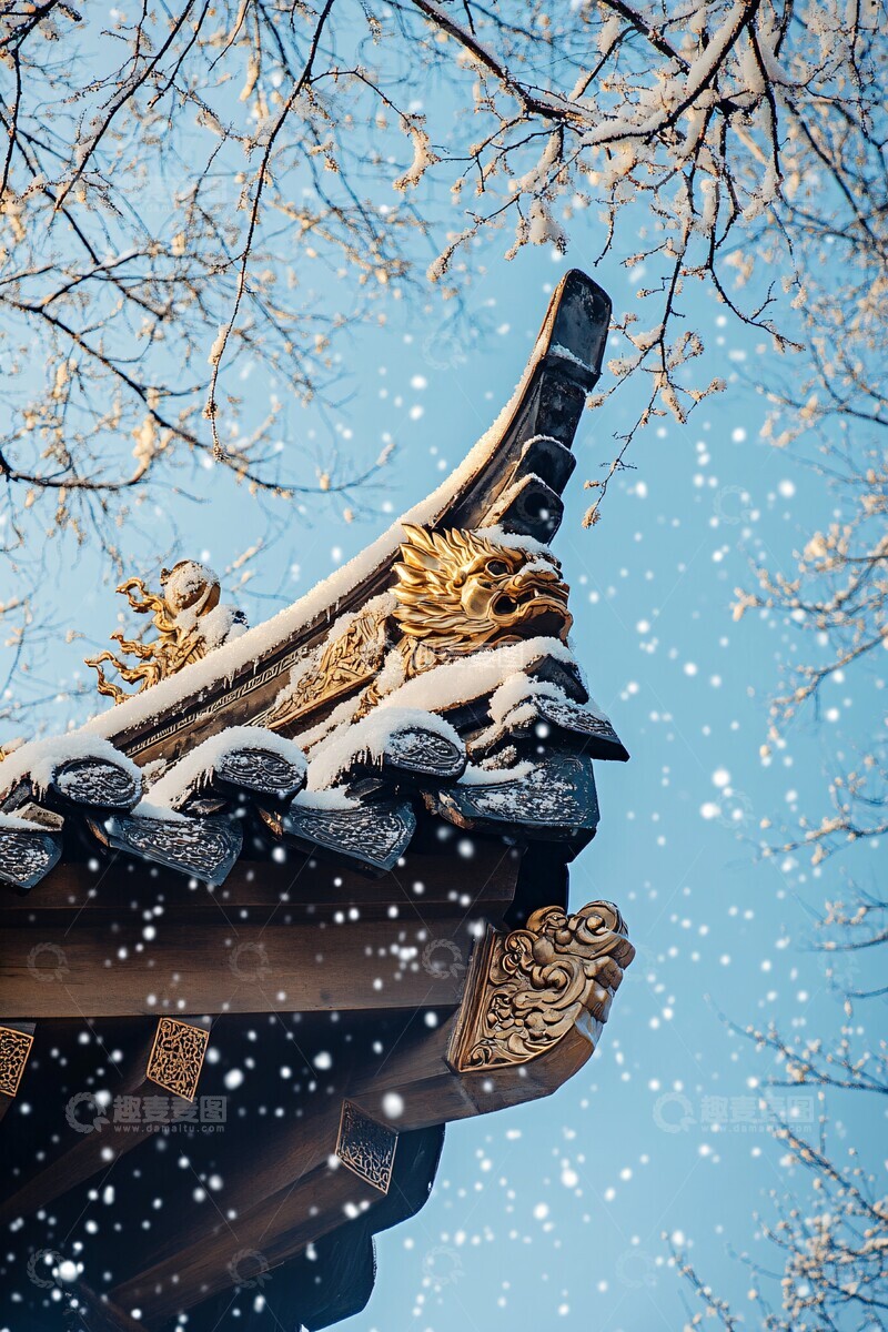 高清大图下载【趣麦麦图】中式屋檐雪景龙首2
