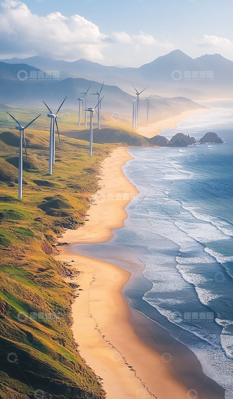 高清大图下载【趣麦麦图】海岸线上的风车阵