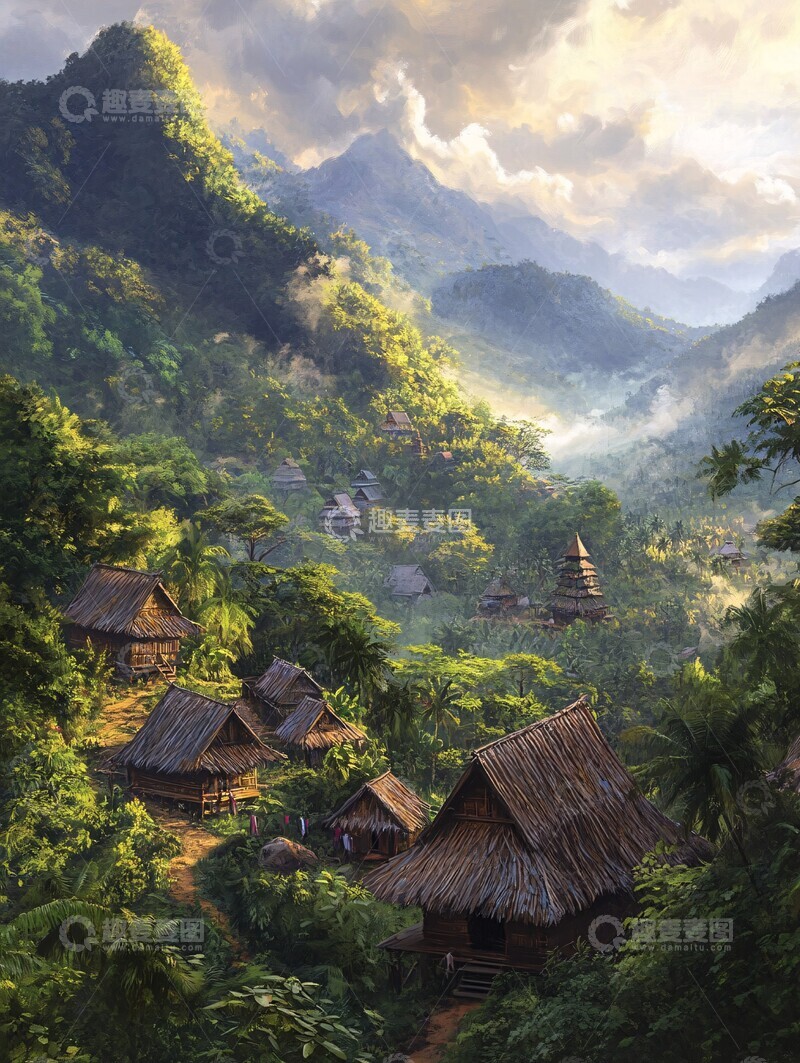 高清大图下载【趣麦麦图】山村木屋晨光1