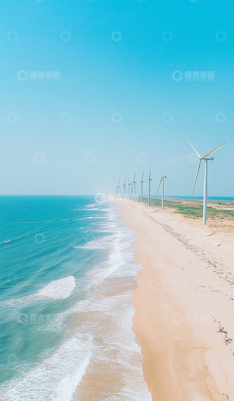 高清大图下载【趣麦麦图】白沙海岸风力发电机