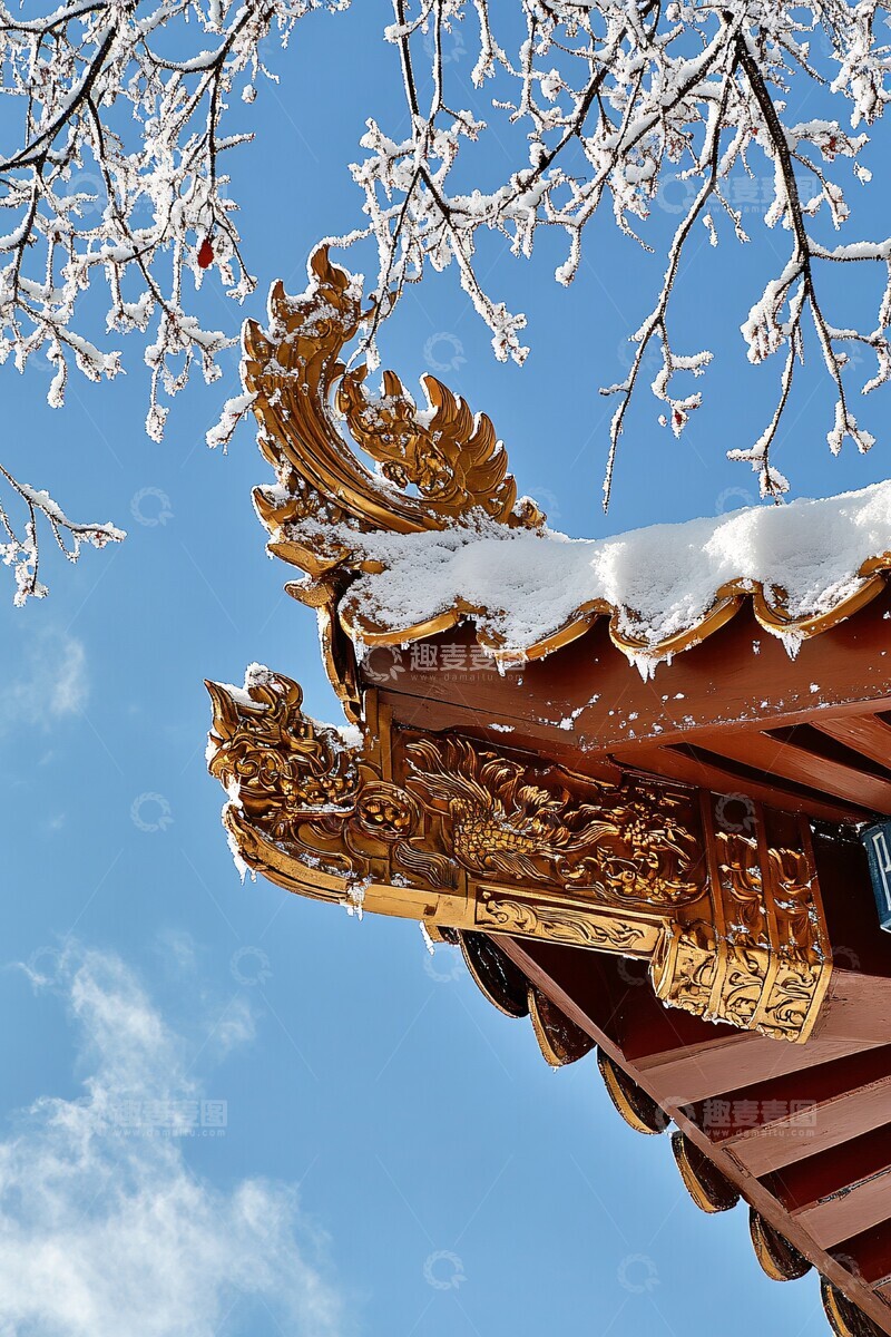 高清大图下载【趣麦麦图】中式屋檐雪景龙首1