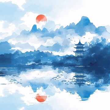 云海山湖塔云海红日水彩2