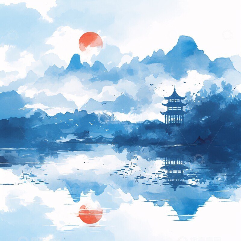 高清大图下载【趣麦麦图】云海山湖塔云海红日水彩2