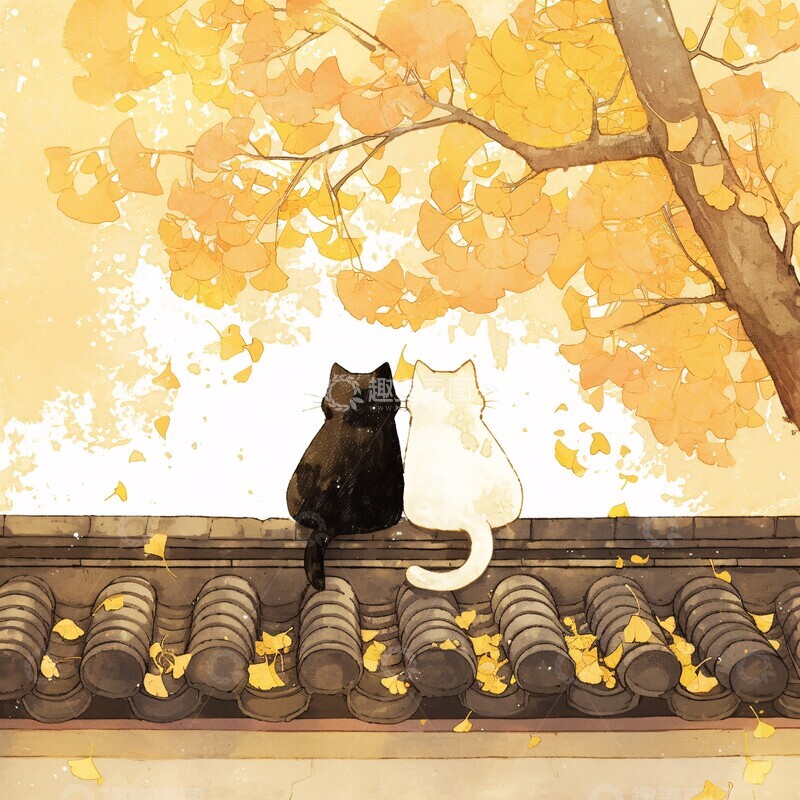 高清大图下载【趣麦麦图】秋日银杏下的猫咪
