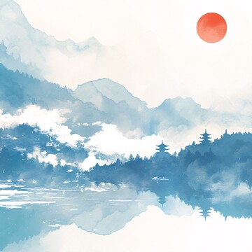 云海山湖塔云海红日水彩