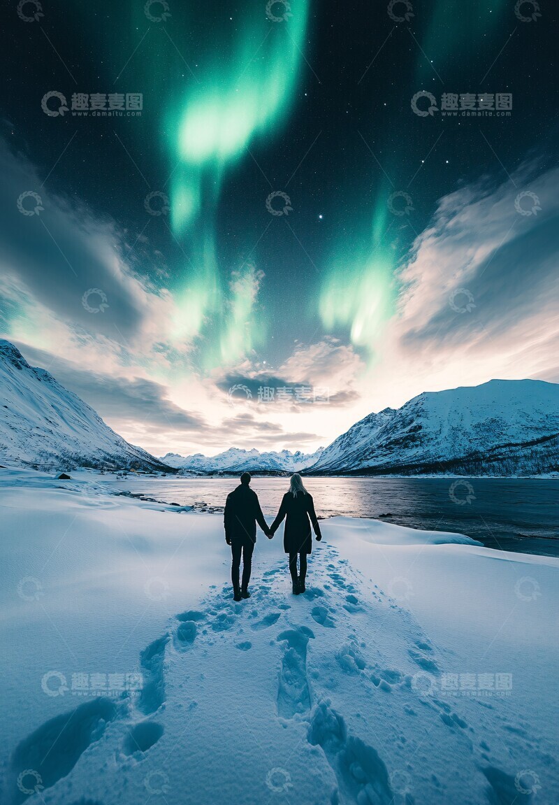 高清大图下载【趣麦麦图】牵手观极光牵手极光雪地
