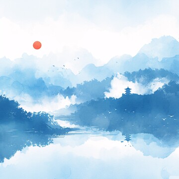 云海山湖塔云海红日水彩1