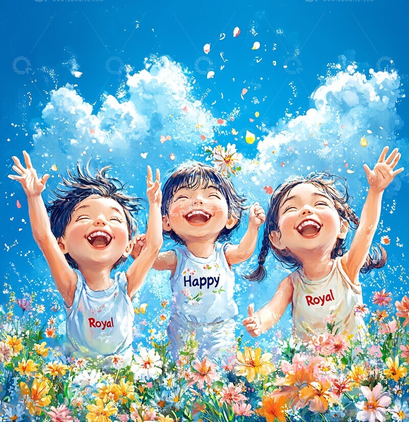 高清大图下载【趣麦麦图】三孩花丛卡通背景