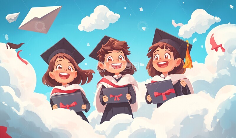 高清大图下载【趣麦麦图】毕业典礼纸飞机云朵