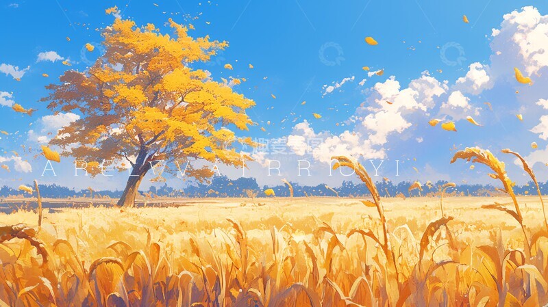 高清大图下载【趣麦麦图】秋树金叶小麦田2