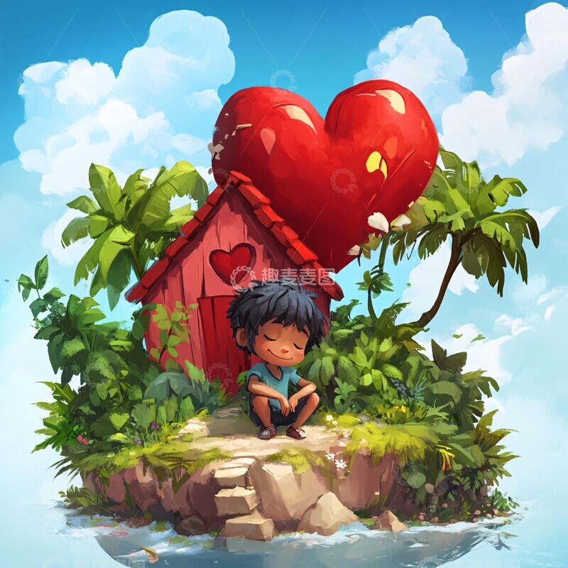 高清大图下载【趣麦麦图】-男孩坐在绿植岛2