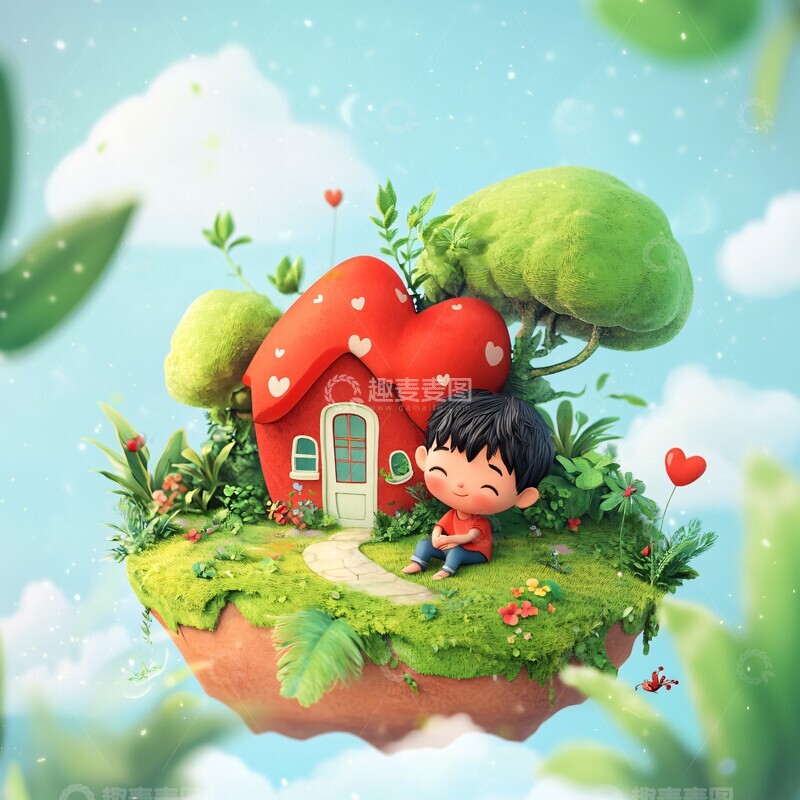 高清大图下载【趣麦麦图】-男孩坐在绿植岛