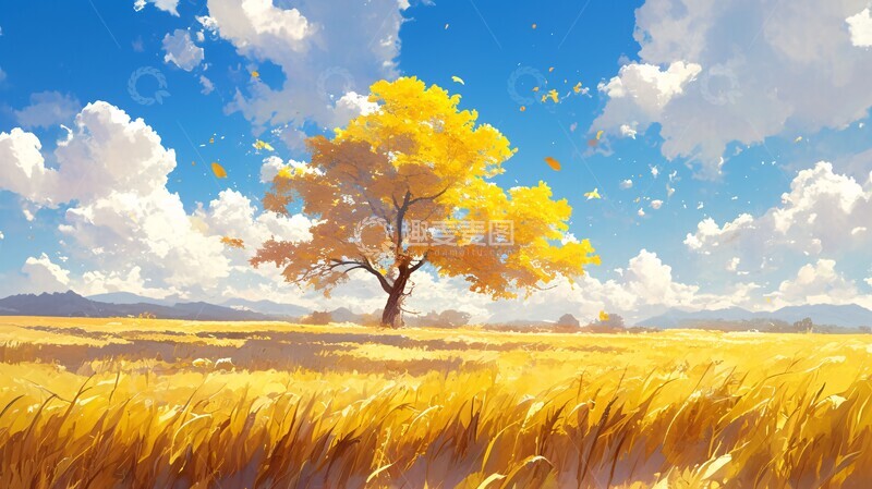 高清大图下载【趣麦麦图】秋树金叶小麦田1