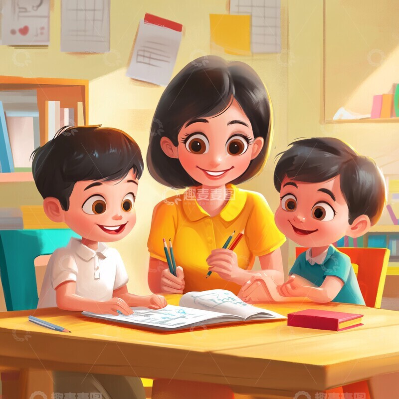 高清大图下载【趣麦麦图】母亲教孩子做作业